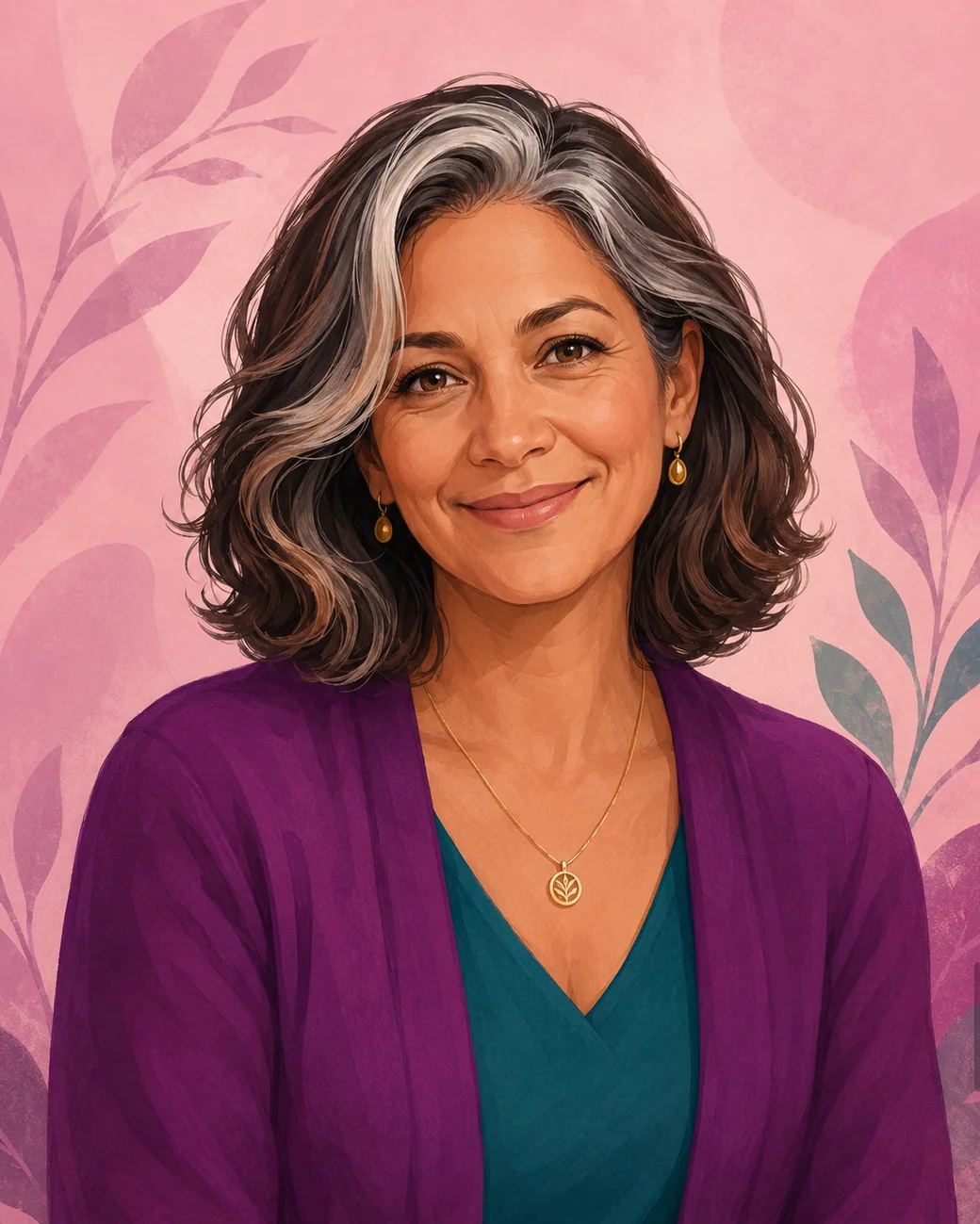 Vera, Verity's guide — a warm woman in her fifties with a silver-streaked bob, in a plum cardigan over a teal V-neck, smiling gently.